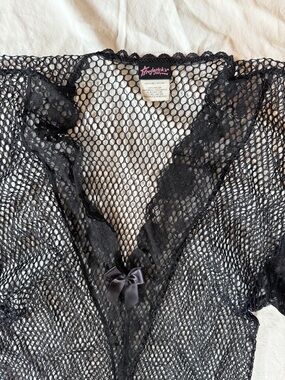 Frederick's of Hollywood Black Fishnet Lace Trim top with Satin Bow